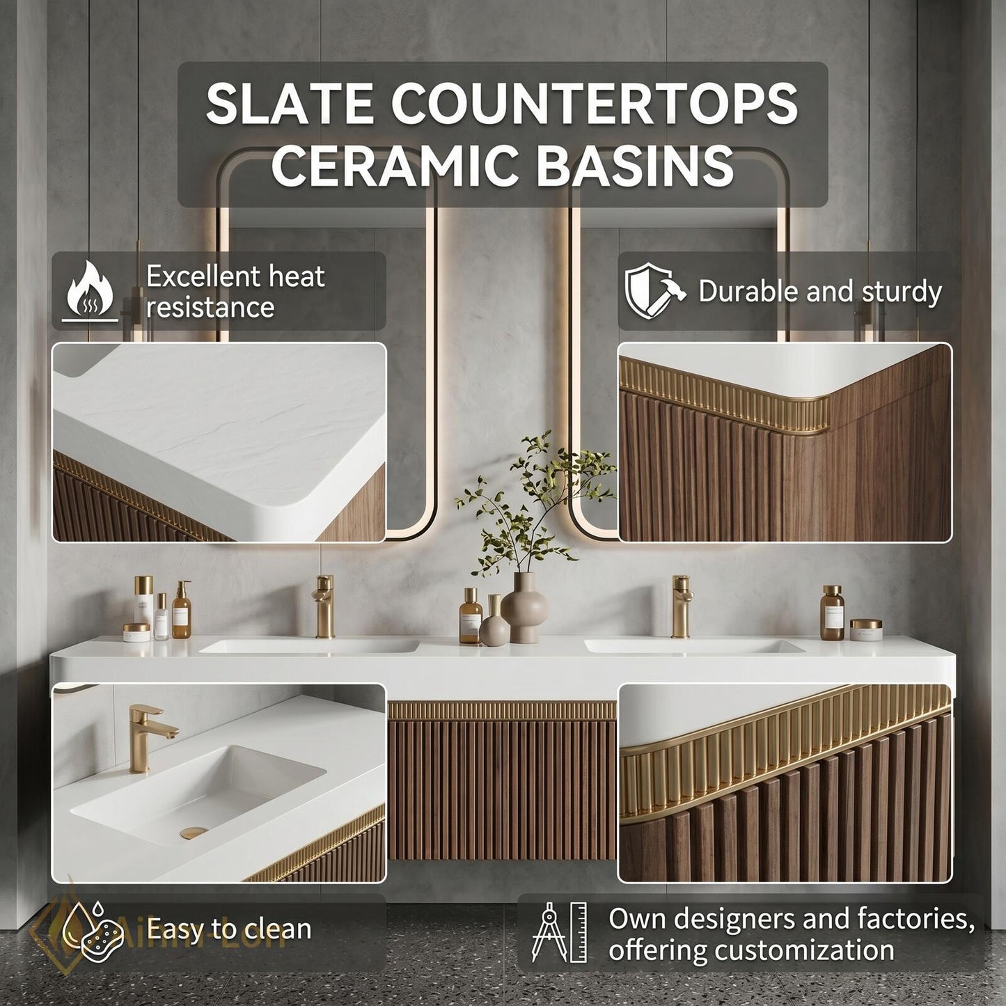 60''-96'' Double Bathroom Vanity with Sink Dark-Walnut Floating Slatted-Panel Open