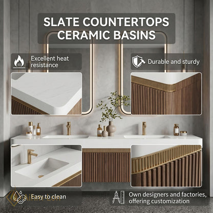 60''-96'' Double Bathroom Vanity with Sink Dark-Walnut Floating Slatted-Panel Open