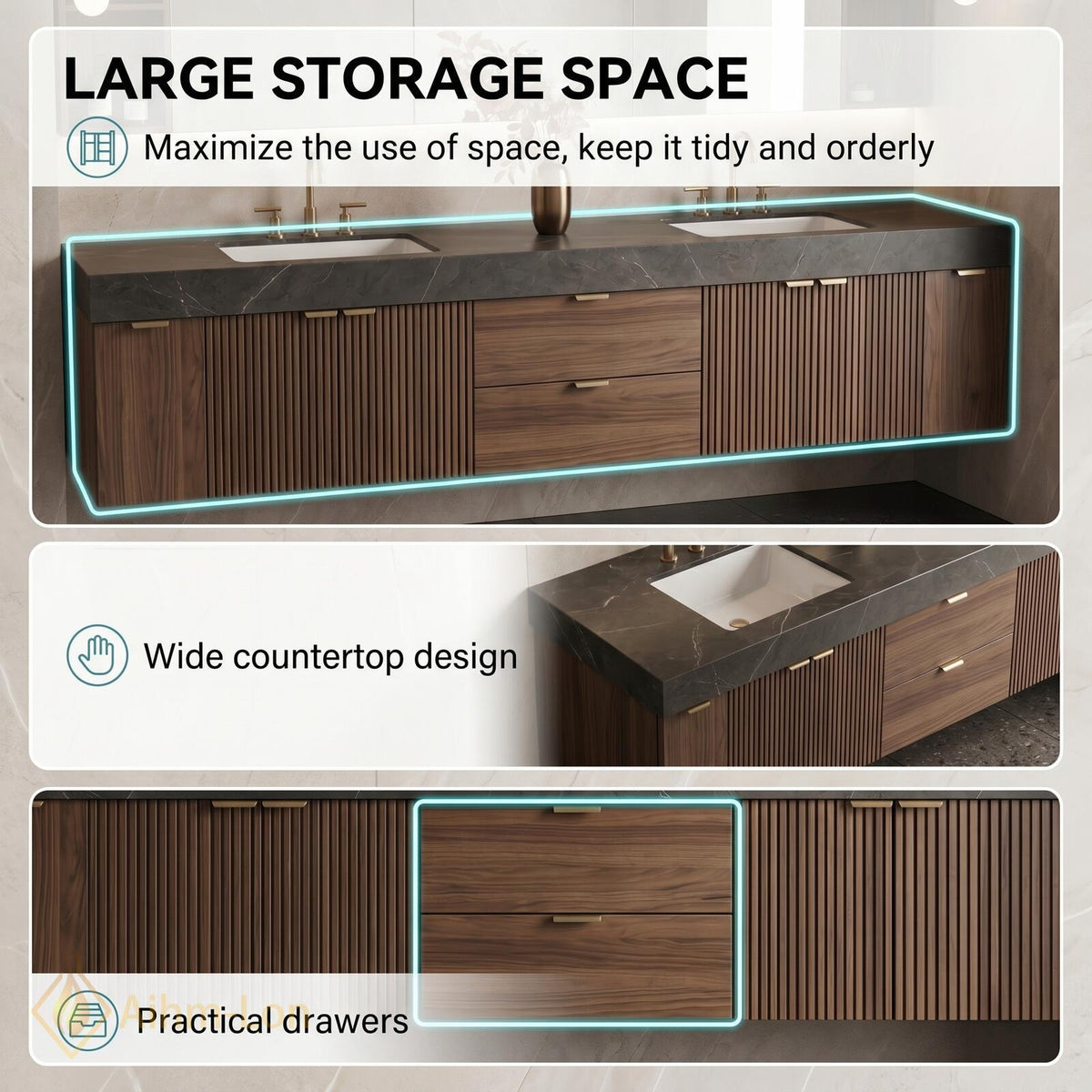 60''-96'' Double Bathroom Vanity with Sink Modern Slatted Front Panels Open Shelving