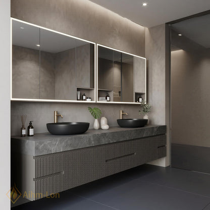 60''-96'' Modern Double Bathroom Vanity with Sink Floating Grey Marble Slatted Front