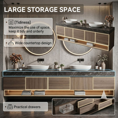 70''-96'' Modern Bathroom Vanity with Sink Dark Stone Floating Open Bottom Storage