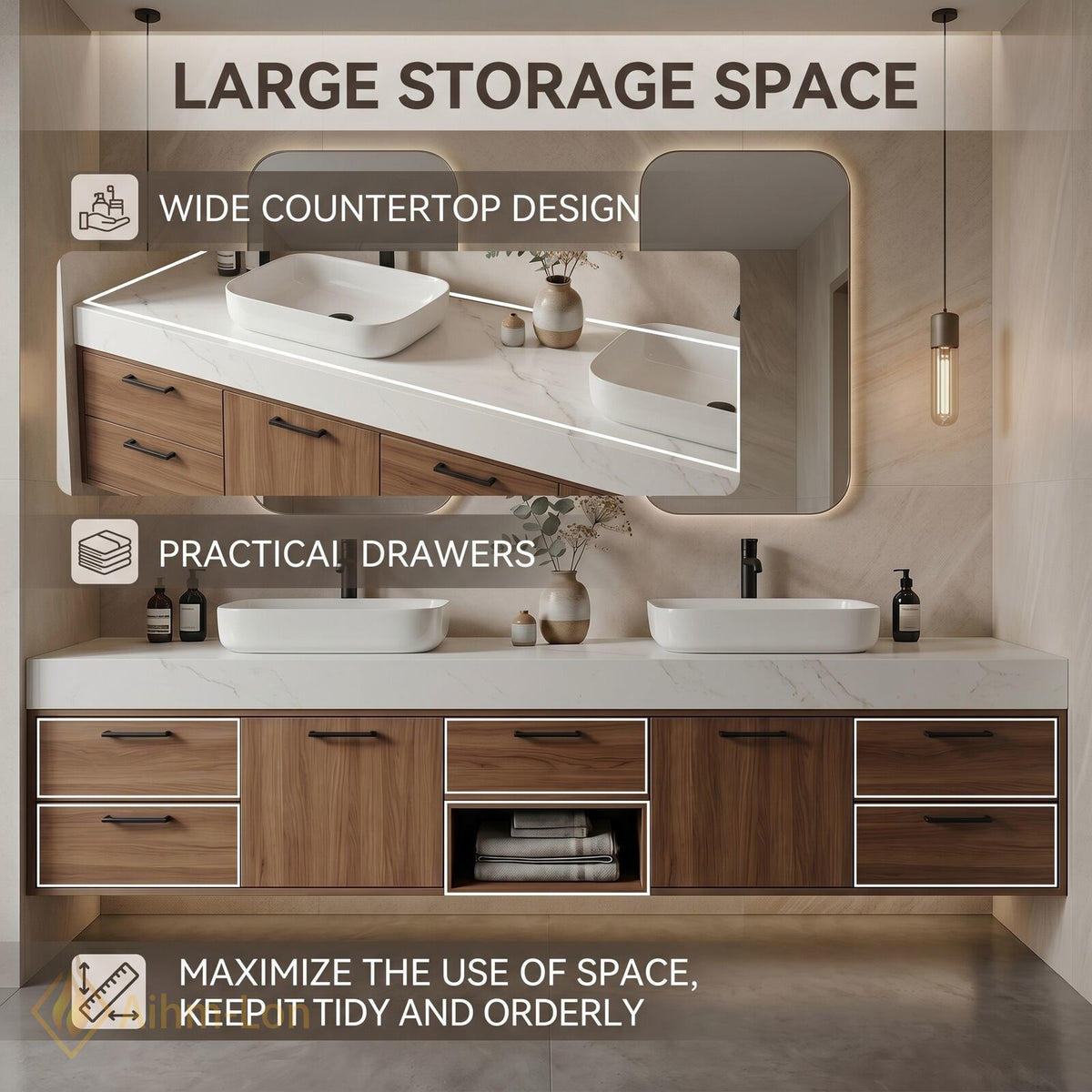78''-96'' Double Bathroom Vanity with Sink Walnut Wood Finish Central Open Shelf