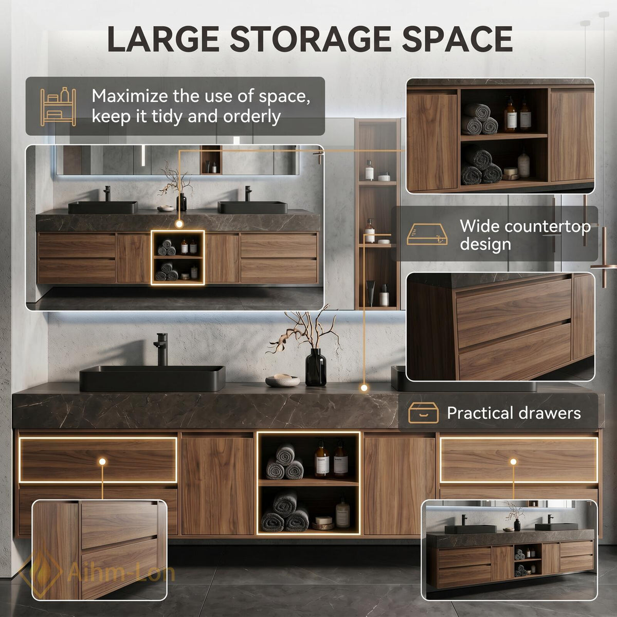 76''-96'' Bathroom Vanity with Sink Floating Double Warm Wood Finish Open Shelving