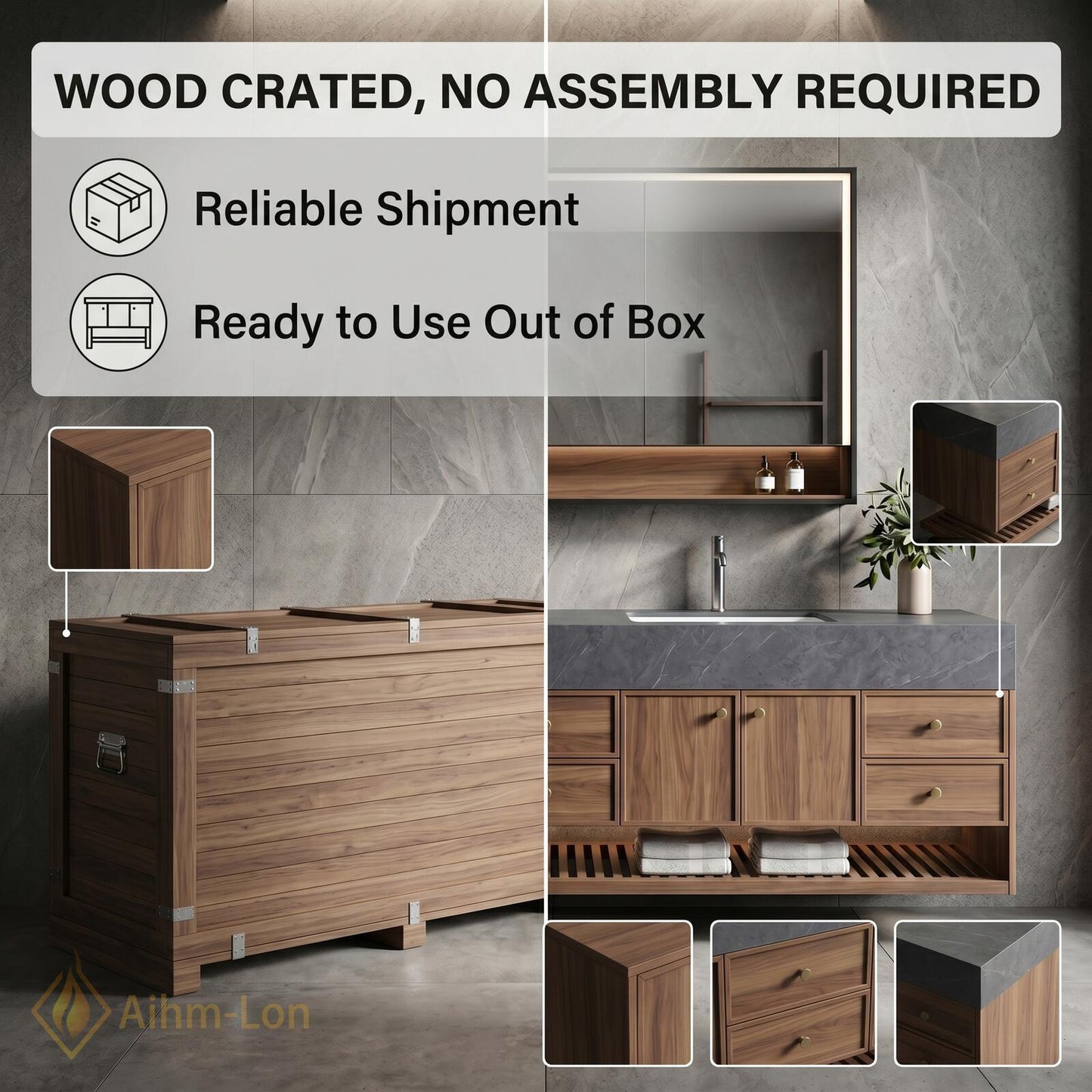 76''-96'' Modern Bathroom Vanity with Sink Floating Dark Stone Slatted Shelf Drawers