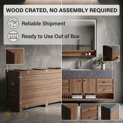 76''-96'' Modern Bathroom Vanity with Sink Floating Dark Stone Slatted Shelf Drawers