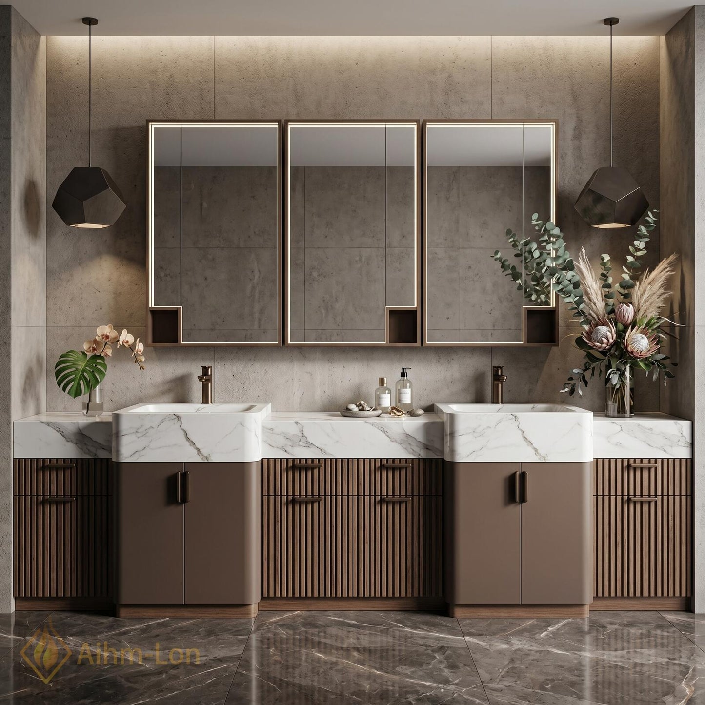60''-96'' Modern Bathroom Vanity with Sink Floating Espresso Slatted Marble Triple Mirror