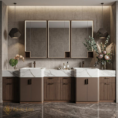 60''-96'' Modern Bathroom Vanity with Sink Floating Espresso Slatted Marble Triple Mirror