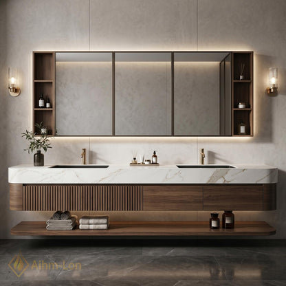 60''-96'' Double Bathroom Vanity with Sink Modern Floating Dark Walnut Fluted Panels