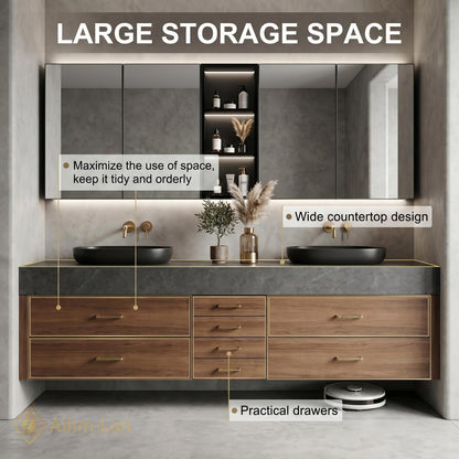 60''-96'' Double Bathroom Vanity with Sink Modern Floating Walnut Finish Sliding Cabinet