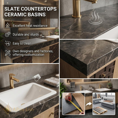 60''-96'' Double Bathroom Vanity with Sink Floating Dark Stone Geometric Drawer Fronts