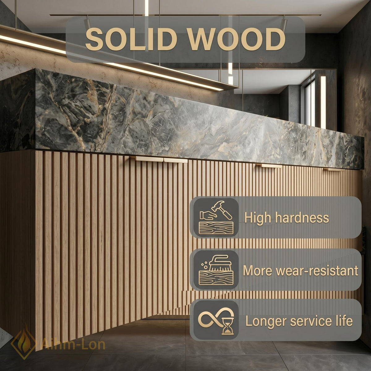 60''-96'' Double Bathroom Vanity with Sink Modern Floating Slatted Wood Front Marble