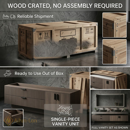 60''-96'' Double Bathroom Vanity with Sink Slatted Panel Grey Stone Top