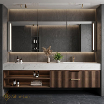 60''-96'' Modern Bathroom Vanity with Sink Slatted Dark Walnut Finish Open Shelving