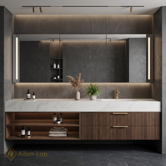 60''-96'' Modern Bathroom Vanity with Sink Slatted Dark Walnut Finish Open Shelving