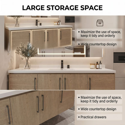36''-64'' Single Bathroom Vanity with Sink Floating Light Wood Grain Mirror Cabinet