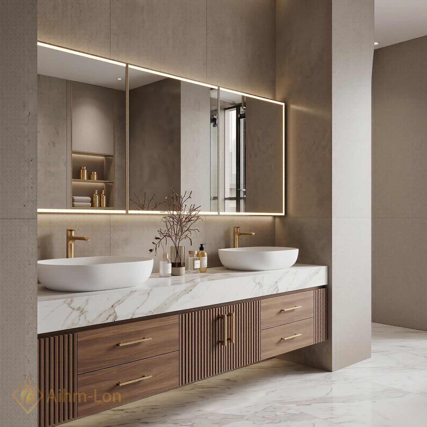 60''-96'' Modern Floating Bathroom Vanity with Sink White Marble Ridged Wood Front