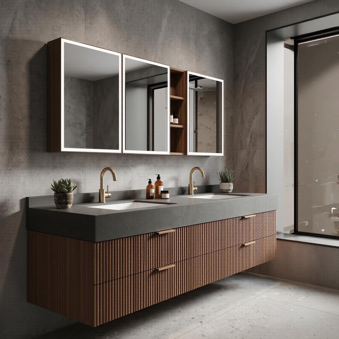 60''-96'' Floating Bathroom Vanity with Sink Double Sink Dark Grey Stone Vertical Slatted Wood
