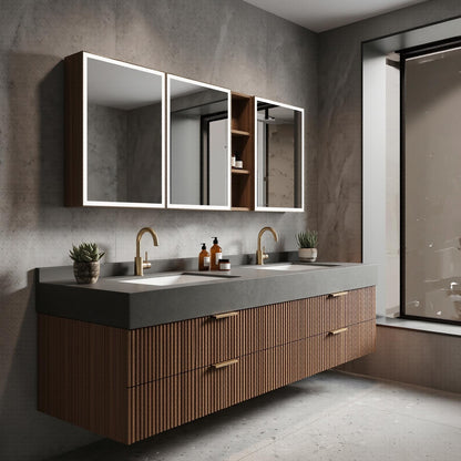 60''-96'' Floating Bathroom Vanity with Sink Double Sink Dark Grey Stone Vertical Slatted Wood
