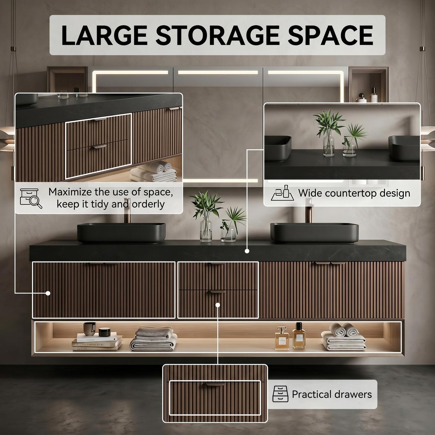 60''-96'' Floating Bathroom Vanity with Sink Double Sink Slatted Front Panel Bottom Cabinet