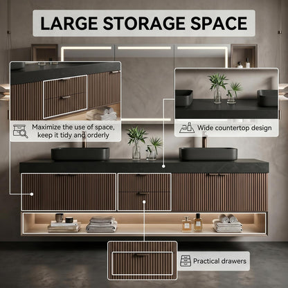 60''-96'' Floating Bathroom Vanity with Sink Double Sink Slatted Front Panel Bottom Cabinet