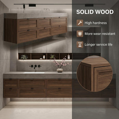 70''-96'' Modern Bathroom Vanity with Sink Double Sink Dark Walnut Slatted Shelf Cabinet