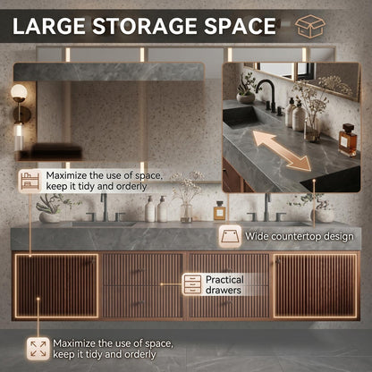 70''-96'' Modern Bathroom Vanity with Sink Double Sink Dark Stone Warm Walnut Cabinet