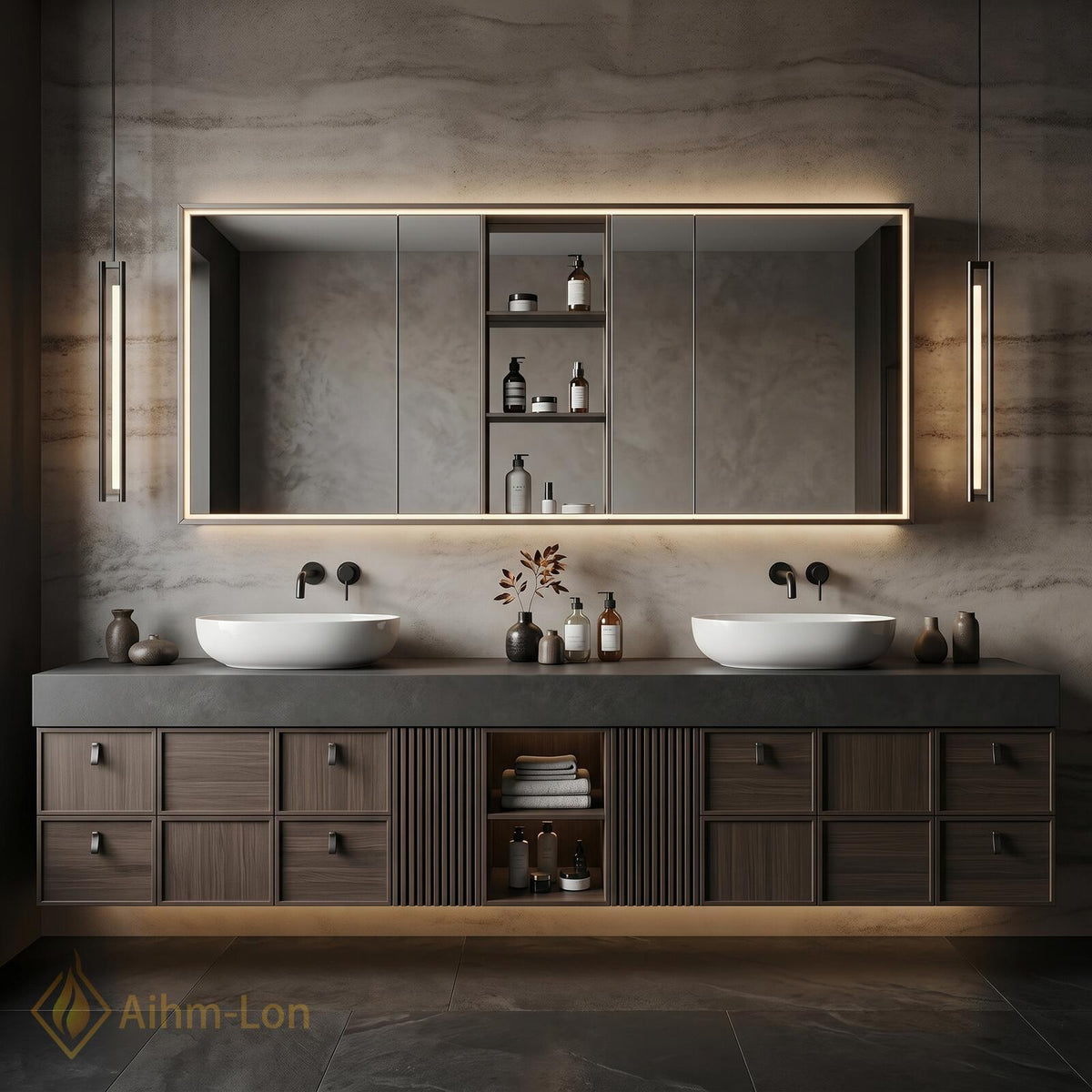 60''-96'' Double Bathroom Vanity with Sink Floating Slatted Panel Dark Walnut Finish