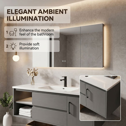 36''-64'' Modern Bathroom Vanity with Sink Single Sink Solid Wood Grain Floating Smart Mirror