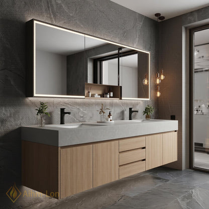 60''-96'' Bathroom Vanity with Sink Modern Floating Natural Oak Grain Countertop