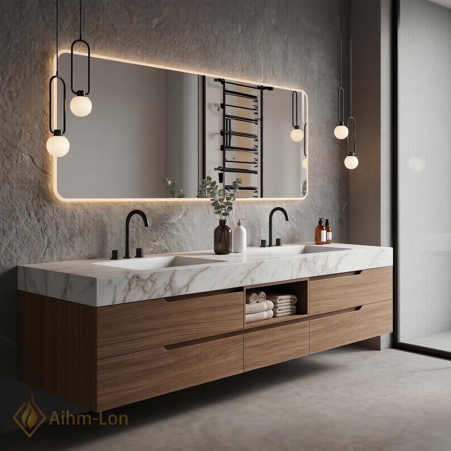 60''-96'' Double Bathroom Vanity with Sink Floating Stone-Top Open Storage Elegant
