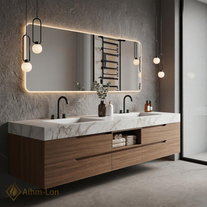 60''-96'' Double Bathroom Vanity with Sink Floating Stone-Top Open Storage Elegant