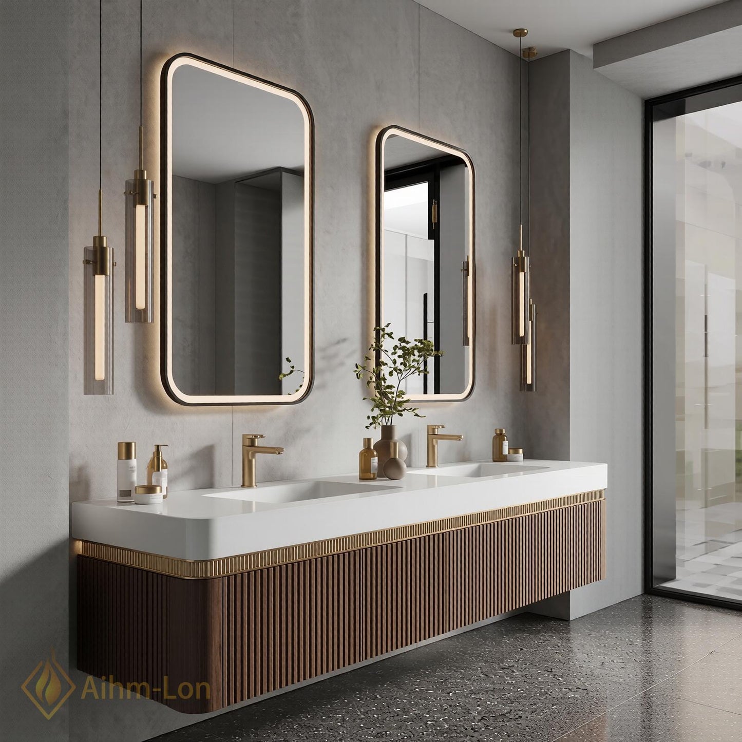 60''-96'' Double Bathroom Vanity with Sink Dark-Walnut Floating Slatted-Panel Open