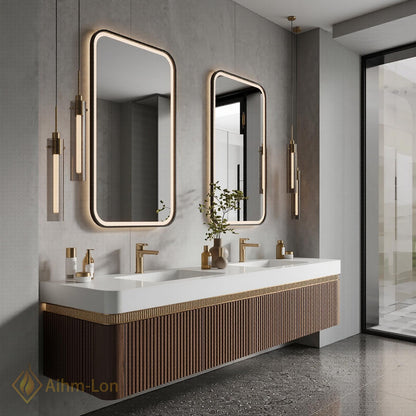 60''-96'' Double Bathroom Vanity with Sink Dark-Walnut Floating Slatted-Panel Open