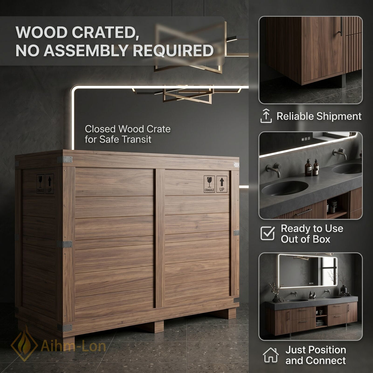 72''-96'' Double Bathroom Vanity with Sink Dark Walnut Slatted Center Open Shelving