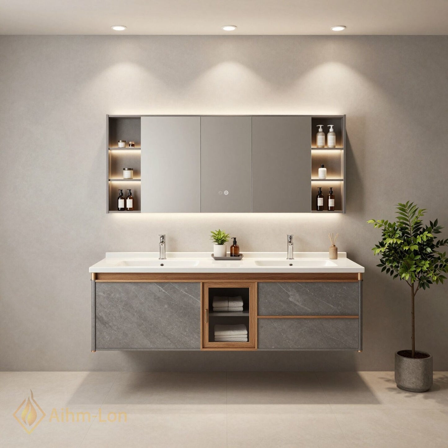 60''-96'' Double Bathroom Vanity with Sink Grey Marble Patterned Natural Wood Grains Cabinet