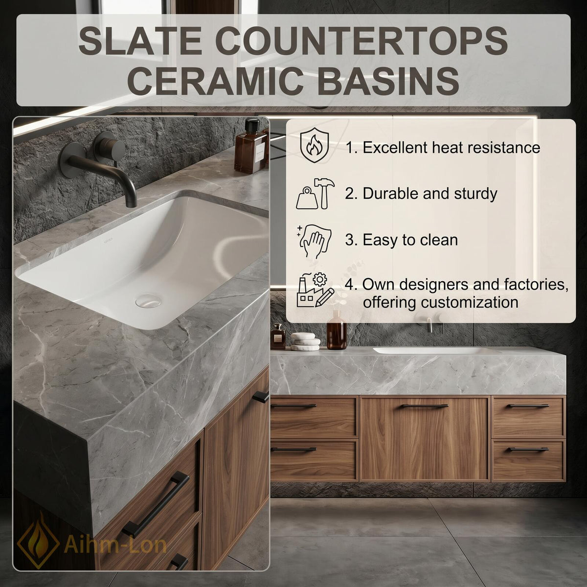 76''-96'' Double Bathroom Vanity with Sink Floating Double Grey Stone Top Wood