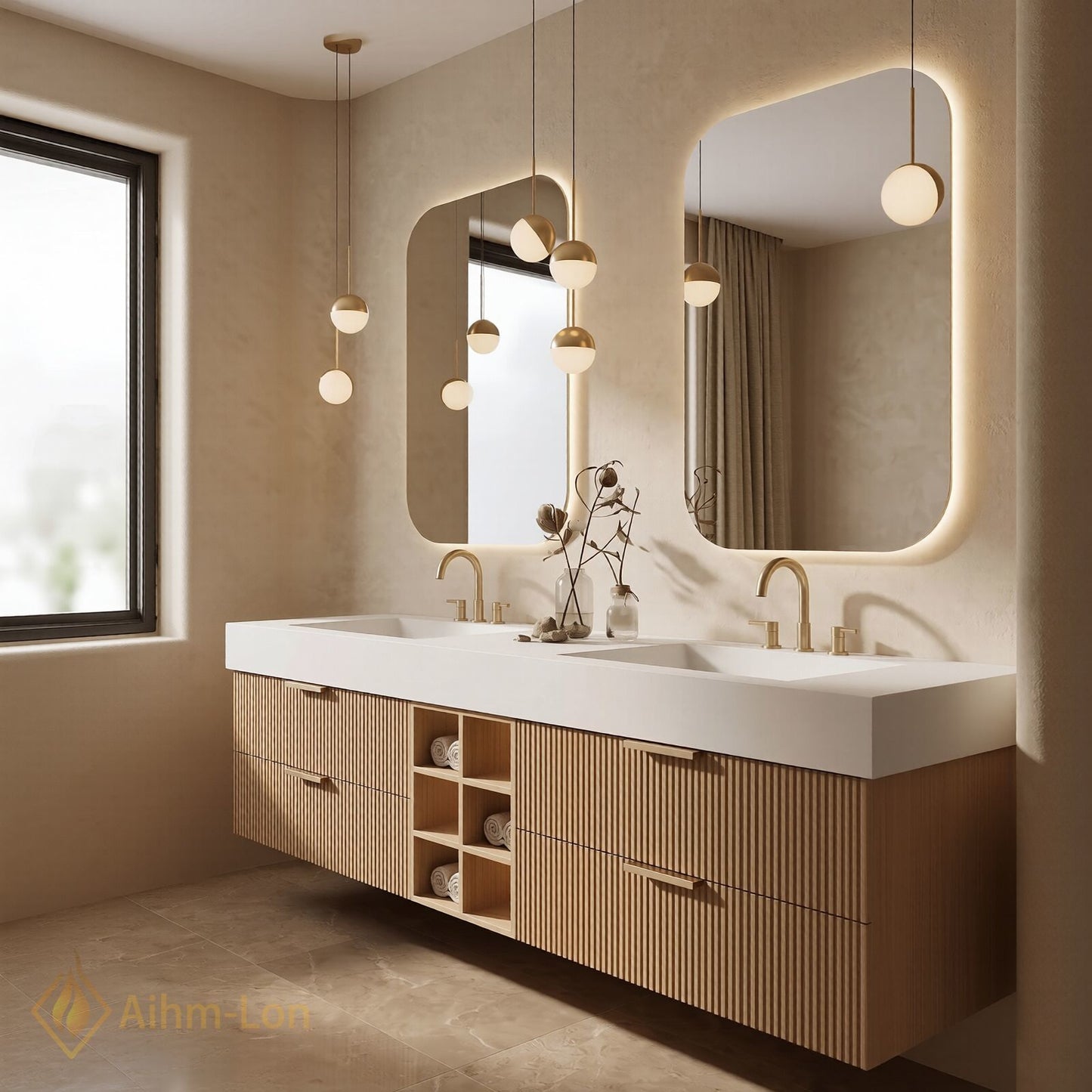 60''-96'' Double Bathroom Vanity with Sink Ribbed Wood Texture Front Open Shelving