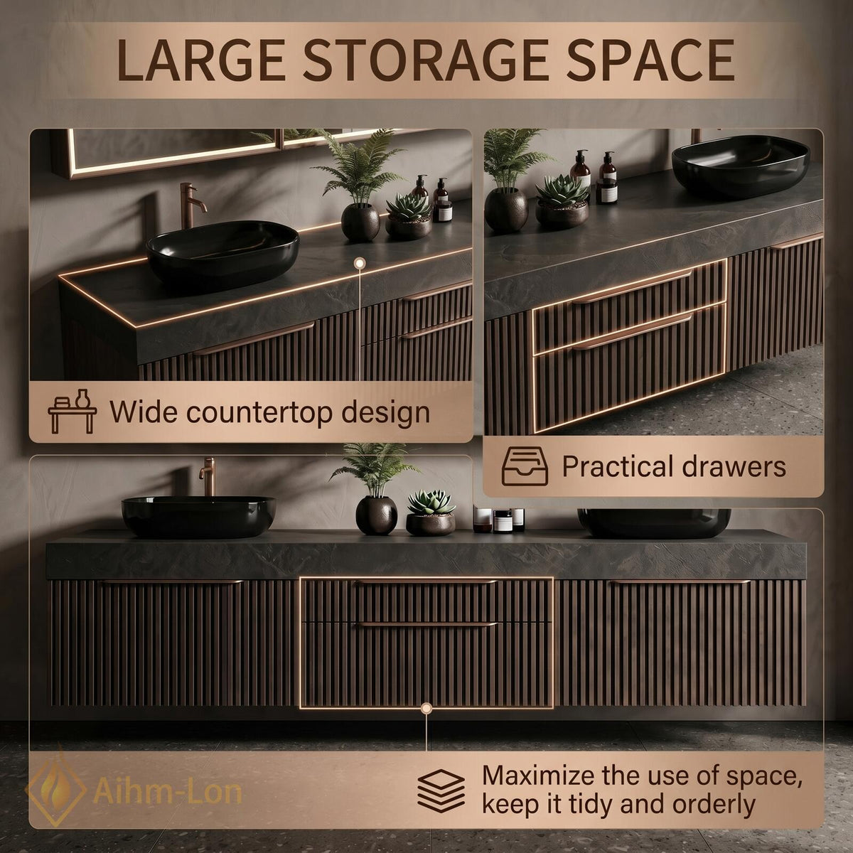 60''-96'' Double Bathroom Vanity with Sink Ribbed Wood Panels Marble Top Shelving