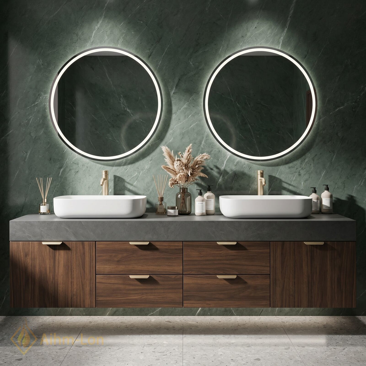 60''-96'' Double Bathroom Vanity with Sink Dark Walnut Slatted Center Panel Shelving