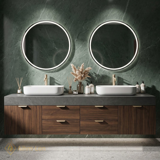 60''-96'' Double Bathroom Vanity with Sink Dark Walnut Slatted Center Panel Shelving
