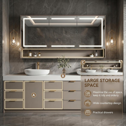 78''-96'' Modern Bathroom Vanity with Sink Double Sink Grey Matte Gold Hardware Cabinet