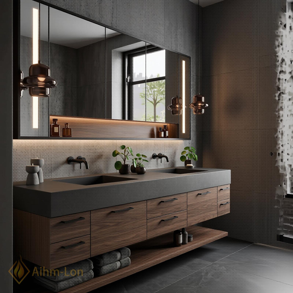 60''-96'' Warm Walnut Bathroom Vanity with Sink Deep Gray Stone Top Open Shelving