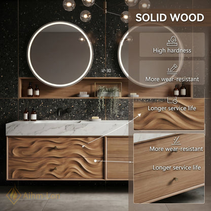 60''-96'' Double Bathroom Vanity with Sink Wavy Wood Panels Open Mirror Shelves