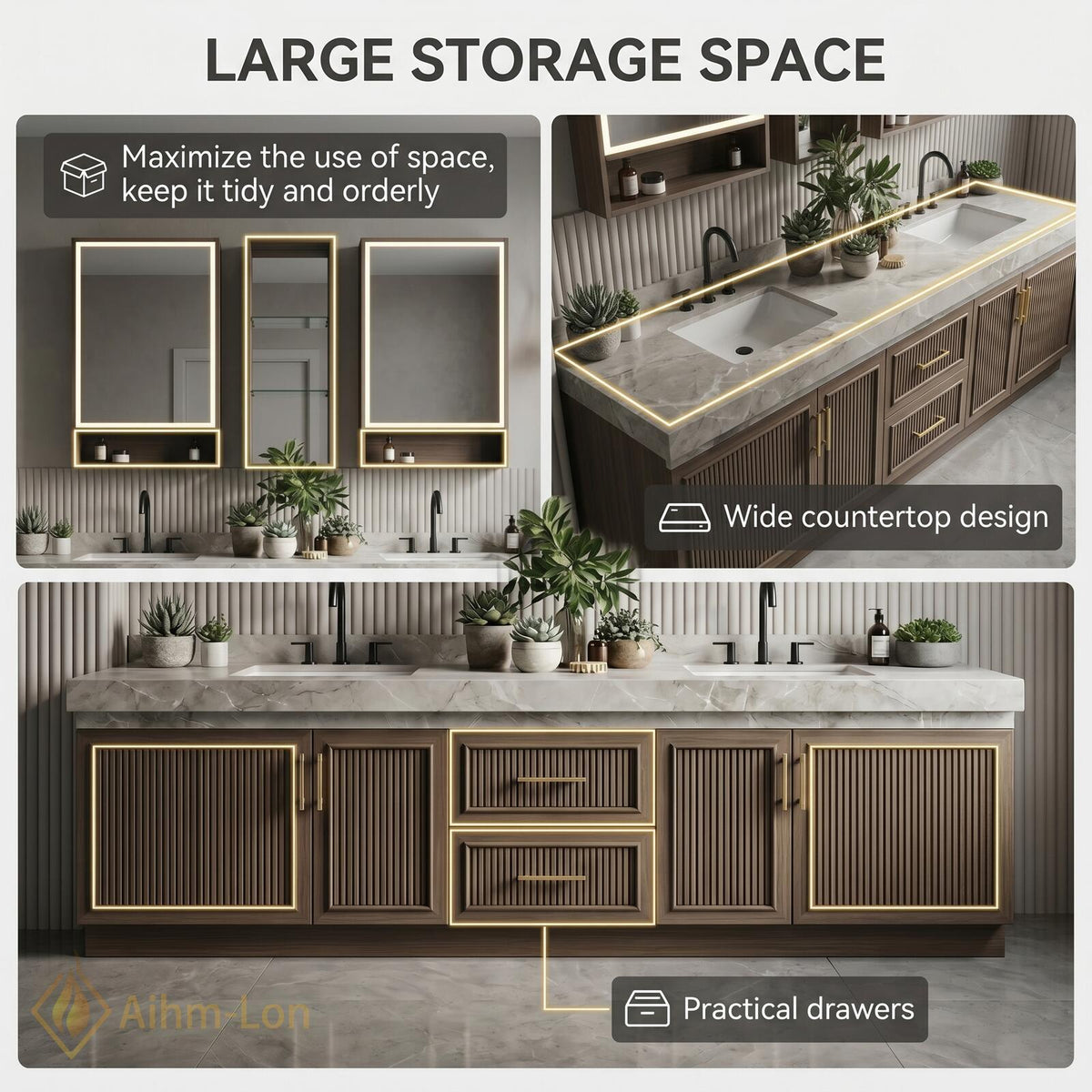 60''-96'' Double Bathroom Vanity with Sink Elegant Dark Walnut Finish Slatted Doors