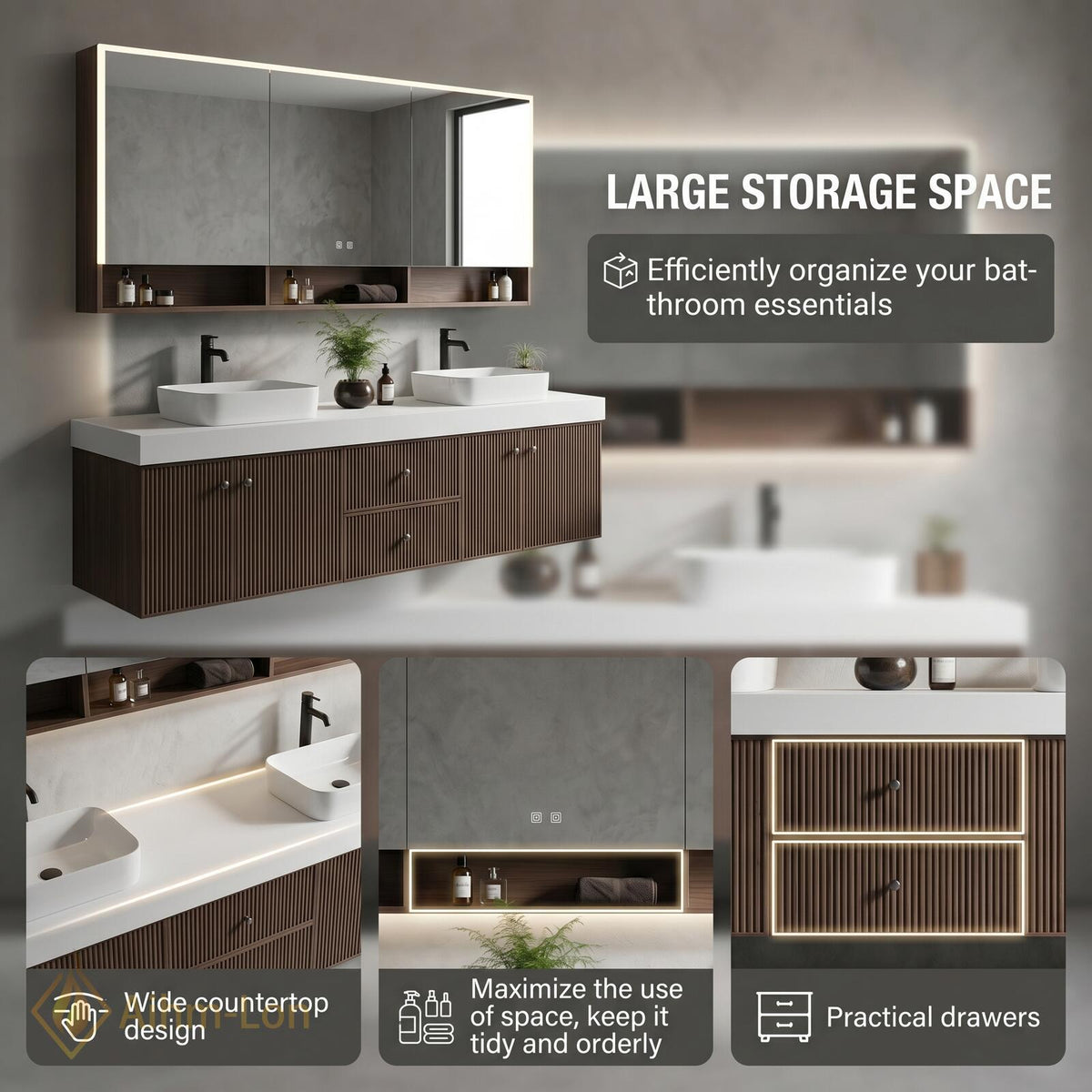 60''-96'' Double Bathroom Vanity with Sink Sleek Floating Vertical Slats Modern Setup