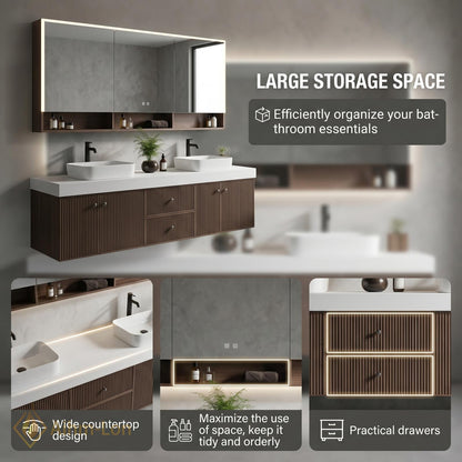 60''-96'' Double Bathroom Vanity with Sink Sleek Floating Vertical Slats Modern Setup