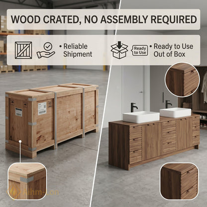 76''-96'' Double Bathroom Vanity with Sink Floating Wood-Grain Grained Panels Marble Patterned