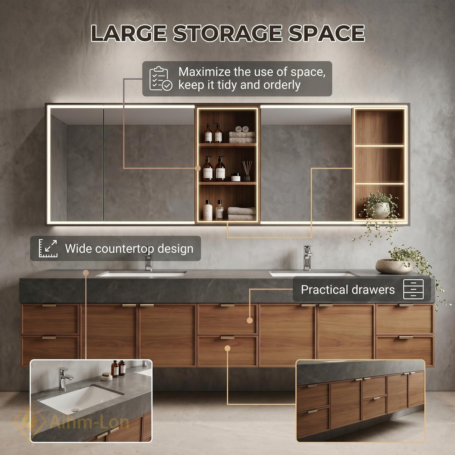76''-96'' Modern Double Bathroom Vanity with Sink Floating Dark Stone Wood-Finish Cabinet