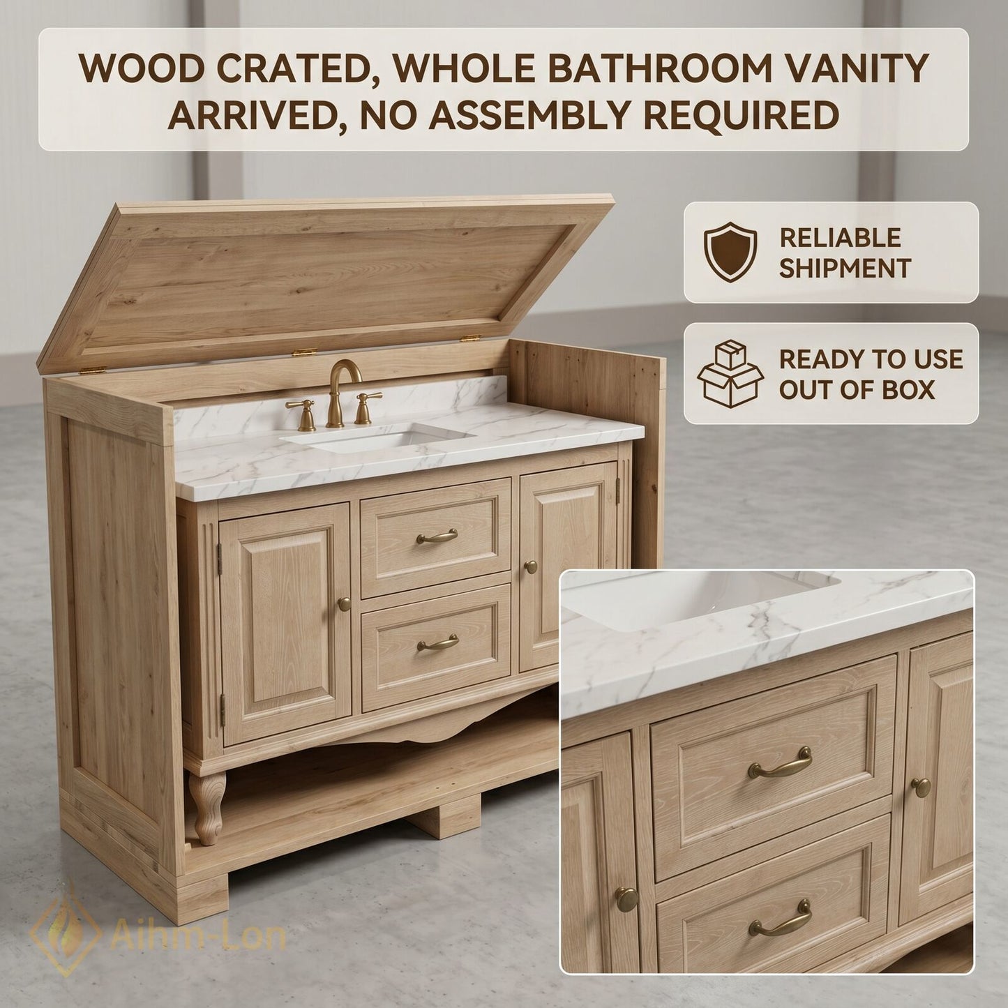 48''-64'' Classic Bathroom Vanity with Sink Raised Panel Marble Curved Leg Drawers
