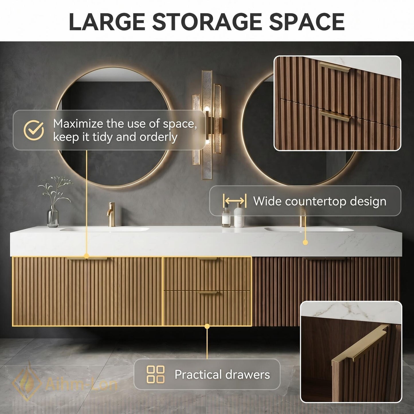 60''-96'' Double Bathroom Vanity with Sink Walnut Floating Open Shelving Vertically Grooved
